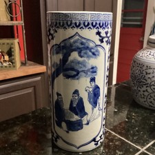 antique chinese blue & white porcelain umbrella stand hand painted crane, people