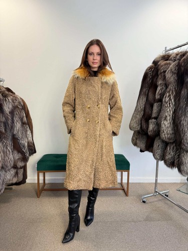 Beige astrakhan fur coat - beige,