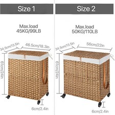 2 Section Laundry Basket Handwoven Hamper 2Size 4Colour Wheel&Handle for home