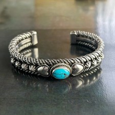 Vintage SILVER Turquoise Stone Twisted Wire Bangle Cuff Bracelet Native American