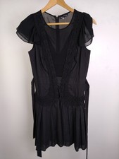 Warehouse Embroidered Front Detail Dress Black Belted Size 12 Cap Sleeve NEW F2