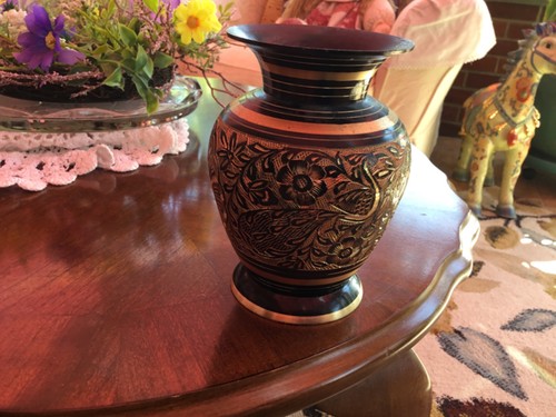 Brass black peacock vase - black,