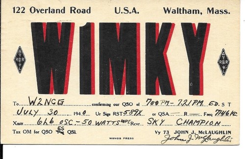 Qsl 1940 waltham - waltham,