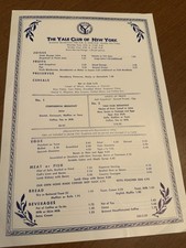 Menu, The Yale Club New York 1989 , breakfast 13 X 9, great shape, RARE