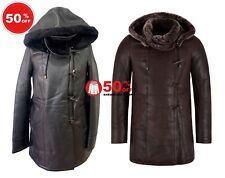Ladies Sheepskin Hooded Real Shearling Fur Long Duffle Leather Coat NV-145