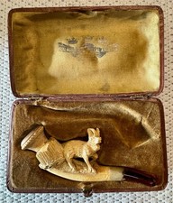 Antique Victorian Complete “Smoked” Clay Pipe - Figural Goat - Original Case