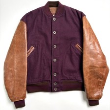 AERO LEATHER Steerhide Arm Leather Varsity Jacket Purple Brown REGULAR Excellent