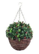 Best Artificial Christmas 10" Holly Wicker Basket Hanging Winter Garden Berries