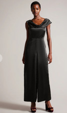 TED BAKER Jumpsuit Womens TB 2 UK 10 Dolynn Black Satin Draped Neck Wide Leg NEW