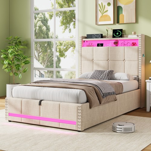 Ottoman storage bed beige - bed,