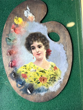 ARTIST PAINTERS PALETTE PICTURE LADY OLD ANTIQUE OIL SIGNED ART 