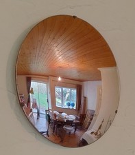 Vintage Frameless Round Convex Wall Mirror - 14" - Wood Back - Hanging Rings