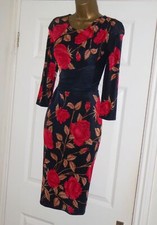 Phase Eight stretch black red rose print pencil wiggle evening party dress sz 14