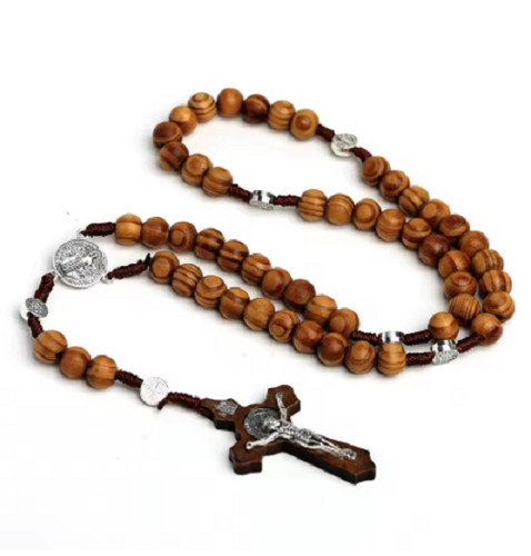 10mm wood beads rosary - wood, cross