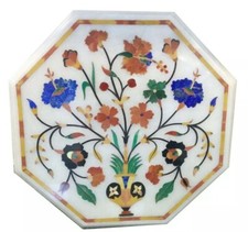 Custom White Marble Table Top Octagon Shape Floral Inlay Art Cafe Furniture Deco