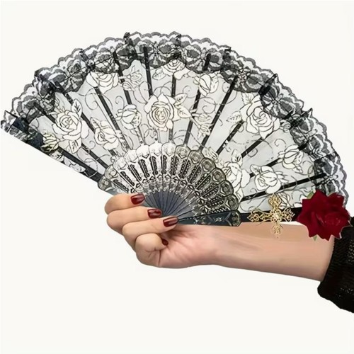 Black lace fan gothic rose - fan,