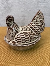 Vintage Glazed Stoneware Chicken on Basket Egg Holder - Brown & White