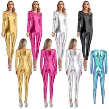 Womens Shiny Metallic Unitard Long Sleeve Footless Zentai Suit Catsuit Dancewear