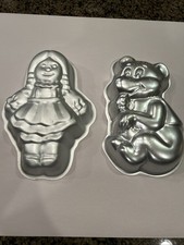 Vintage Set/2 Wilton Aluminum Small Cake Pans Rag Doll 8.75”H & Hug Bear 8”H