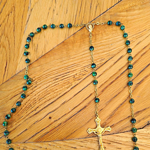 Green beaded christian rosary - beaded,