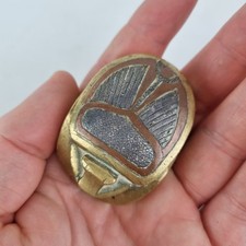 Antique Egyptian Brass Scarab Beetle Paperweight With Silver & Copper Inlay