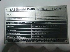 Nameplate Caterham cars tag sign lubricants id plate placca targethetta s101