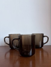 3 Vintage Arcoroc France Retro Smoked Glass Coffee Mugs Coffee Tea Cups 70s 80s