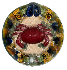 Vintage Palissy Style Majolica Crab Sea Scape 13" Plate Art Pottery Portugal