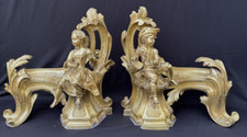 Pair Antique French Rococo Baroque Style Gilt Metal Fireplace Andirons Chenets