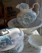 RARE 19th C Antique "Duchess" JHW & Sons Transferware Stoneware Pitcher & Basin