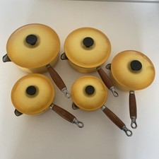 Le Creuset X5 Cast Iron Saucepan Set-Yellow - Wooden Handles - 14,16,18,20,22.