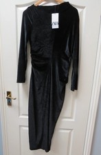 Zara Velvet Maxi Dress Size L 14 Black Ruched Gothic Long Velour Evening Party