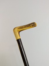 Antique Walking Stick Carved Deer Antler Handle Ebonised Wooden Cane 80cm (33")