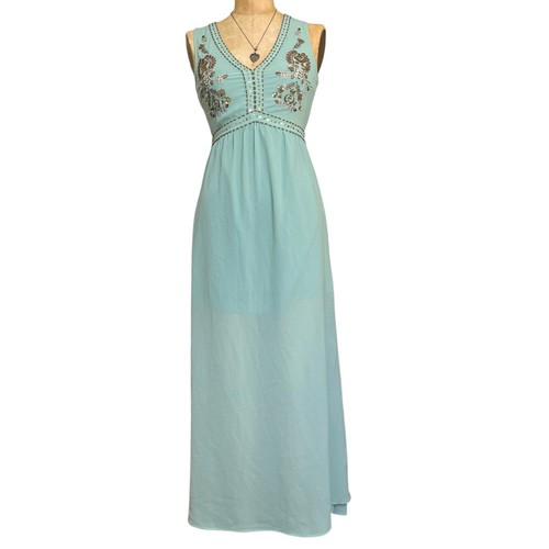 Teal beaded embroidered maxi - embroidered,
