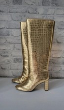 Zara Trendy Women Embossed Gold Metalic High Chunky Knee Heel Boots Size 39/6NEW