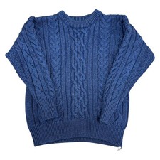 Woolover Wool Aran Knit Jumper Fisheran Cable Chunky Blue Sweater Womens Small