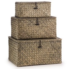 Set of 3 Seagrass Storage Box With Lid, Woven Shelf Basket, Organiser Hampers
