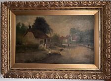 Large Antique oil painting on canvas animated landscape signad framed