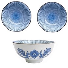 Set 3 Serving Bowl Ceramic Cereal Soup Dessert Bowls White Blue Crockery Dishes