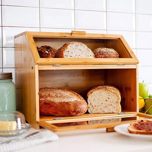 Large bamboo wood bread bin - large,