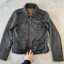 Superdry Leather Jacket Womens Large Black Motorcycle Biker MOTO Brad Real Pure