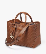 £650 Auth Aspinal of London Midi London Tote, Brown Woven Leather, Brand New