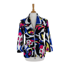 Joseph Ribkoff Size 14 (Fits 12) Multicoloured Quirky Patterned Ruched Jacket