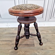 Antique Piano Stool Vintage Wooden Upholstered Adjustable Dressing - Mahogany