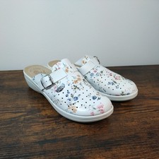 Fly Flot Ladies Soft Leather White/Floral Print Mules UK Size 6.5 Free postage 