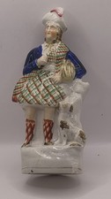 Antique Highland Staffordshire Pottery Figure In Tartan With Spaniel Dog Rf#D1