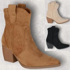 LADIES WOMENS BLOCK HEEL ZIP UP FAUX SUEDE WESTERN TEXAS COWBOY ANKLE BOOTS SIZE