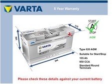 AGM Battery fits BMW 520D 2.0D 2010 on Stop Start Varta 020 AGM 950A 105Ah New