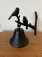 Vintage Black Cast Iron Outside Wall Mounted Bell with Clanger/Depicting 2 Birds