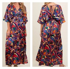 Fab’rik Maxi Dress Kaftan Kimono Sleeve Women’s Medium Red Tie Bold Multicolor